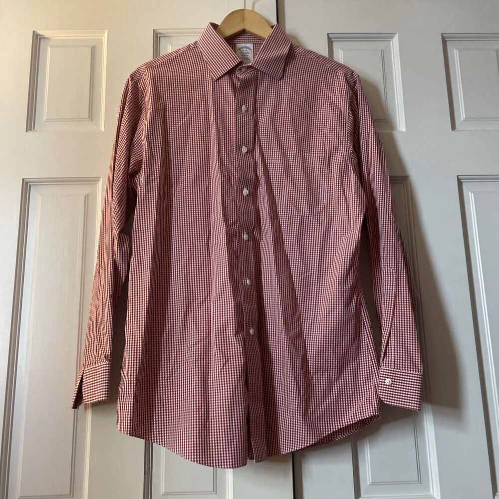 Brooks Brothers Regent Fit Dress Shirt 16-34 Red White Gingham Non-Iron Supima